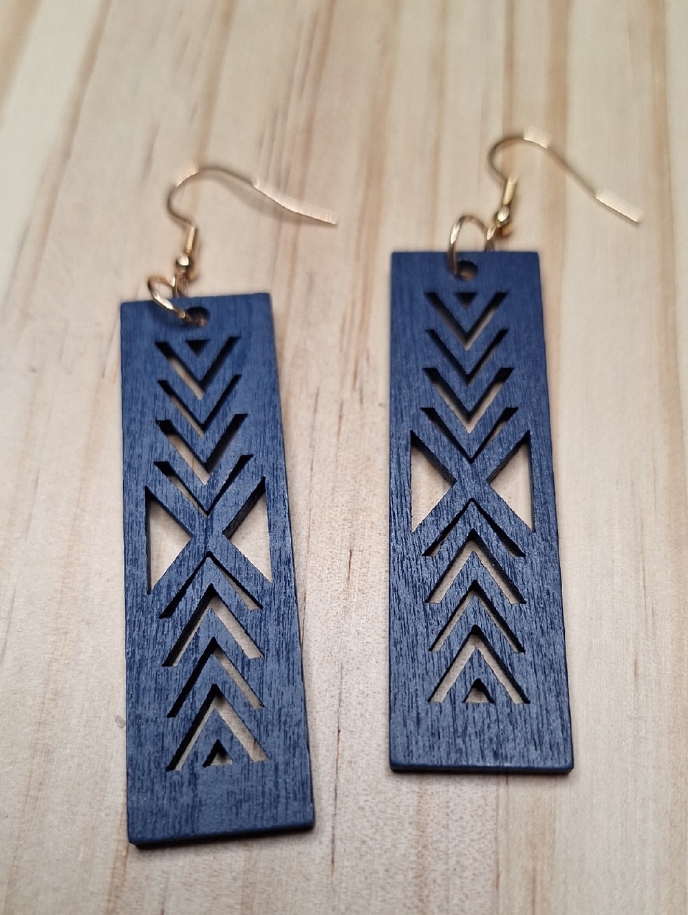 Navy Blue Geometric Wood Drop Rectangle Earrings